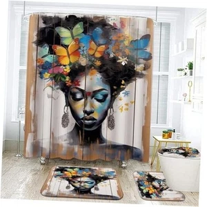 4Pcs Black Woman Shower Curtain Sets with Bath Rugs Set,Rustic Warm Yellow - Picture 1 of 7