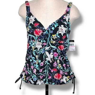 JANTZEN 280546 Mujer 10 Tankini Top Traje de Baño Negro Multicolor Floral Acanalado NUEVO Foto 1 de 4