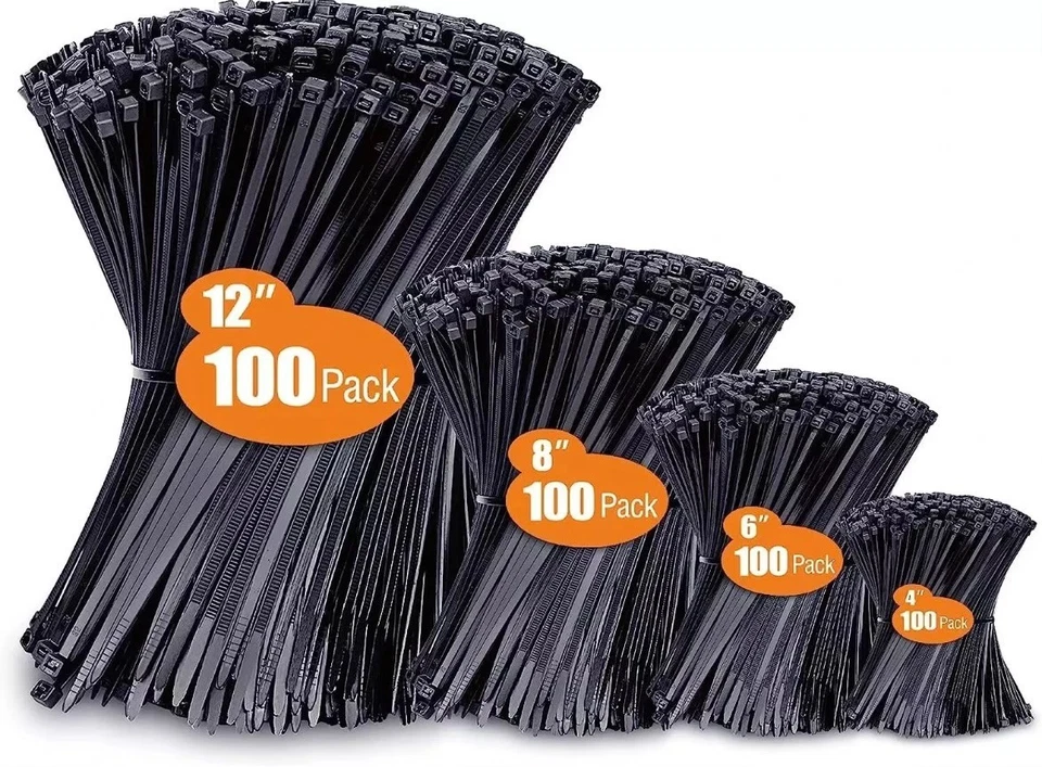 Zip Cable Ties Assorted Sizes(4”+6”+8”+12”)  Nylon Black Heavy duty UV Resistant - Image 1 of 4