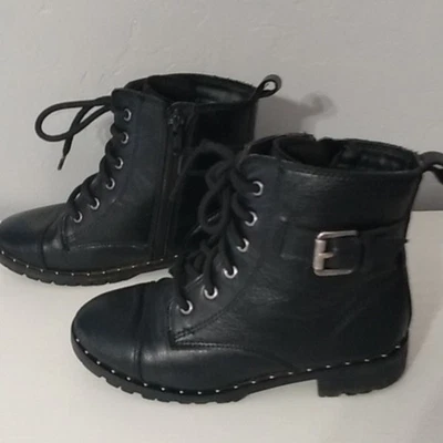 Kids Black Combat Boots Side Zip Buckle Studded Sole Lace Up Size 12 - Image 1 of 4