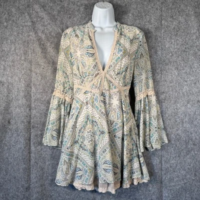 Mini Vestido Free People Paisley Moonlight Bay Manga Campana Encaje Ribete Talla 6 Boho Foto 1 de 4