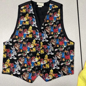 Vintage 90s LOONEY TUNES Bugs Bunny Taz Daffy Duck Button Up Vest Adult One Size - Picture 1 of 5