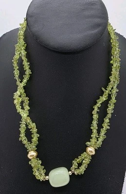 Double Strand Peridot Chip Gemstone Beaded Necklace W/Green Quartz & 925 Clasp - Image 1 of 4