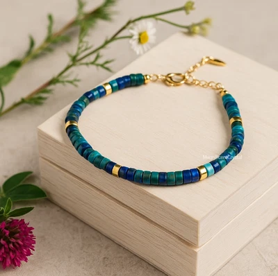 Pulsera Azurita-Malaquita Piedra Cristal Joyería Cadena Ajustable Chapada en Oro Foto 1 de 4