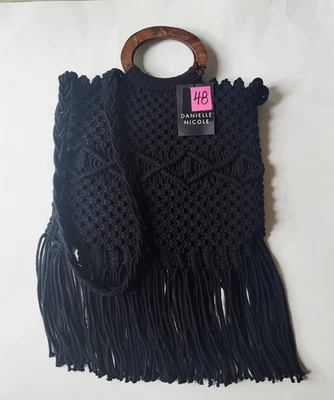 Danielle Nicole Crossbody Bag Black Macrame Fringe Boho Hippie NWT - Image 1 of 4