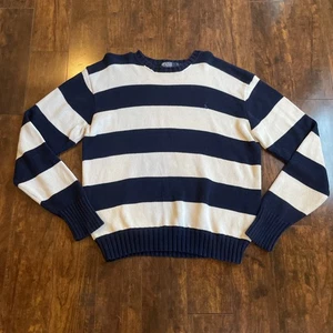 Vintage Polo Ralph Lauren Sweater Mens Large Blue White Rugby Stripe Crew Neck - Picture 1 of 9