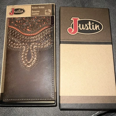 Justin Rodeo Wallet Brown Genuine Leather Tooled Western Stitch RFID Long Bifold - Image 1 of 3