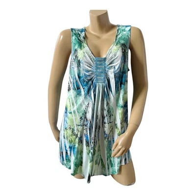 ONE WORLD Womens Plus Size 1X Sleeveless Embellished Sublimated Tank Top Shirt - Image 1 of 4