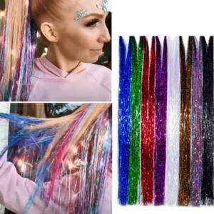 Glitter False Hair Tinsel Rainbow Silk Hair Extensions Braiding Party Headdress - Foto 1 di 20