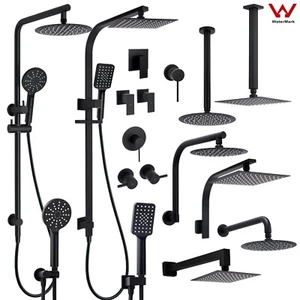 WELS Matte Black Bathroom Shower Head Set Mixer Hot Cold Twin Tap Valve Rail Arm - Picture 1 of 116