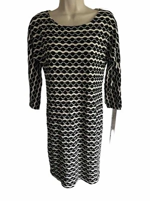 Calvin Klein Knit sheath shift Dress Black White Geo Pattern Knee Long Sleeves 8 - Image 1 of 4