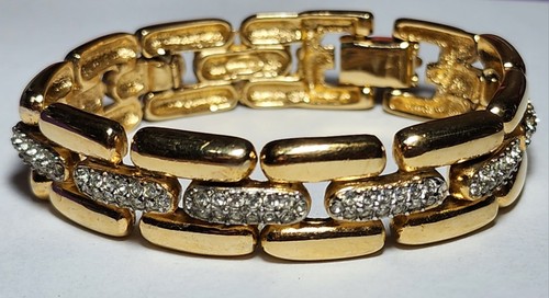 Bracciale vintage GIVENCHY maglia placcata oro con cristalli strass trasparenti firmato