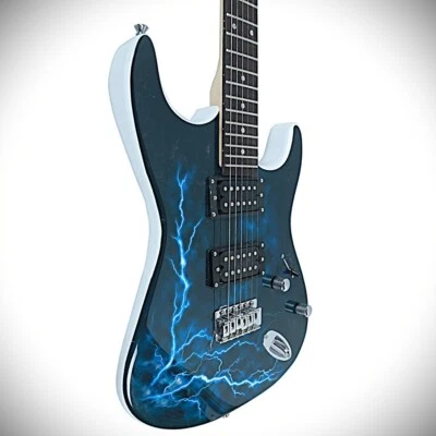 Paquete básico de guitarra eléctrica Lightning azul, blanco tamaño completo, con estuche Foto 1 de 4