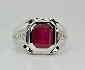3Ct Lab Created Emerald Ruby Men's Engagement Ring 14K White Gold Plated Silver - Picture 1 of 8