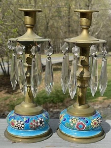Coppia di antichi candelabri LONGWY prismi ottone ceramica smaltata francese 9 3/4" - Foto 1 di 11