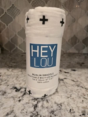 Muslin Baby Swaddle, Brand New, Hey Lou, 100% Cotton 47x47", White W/Black + Foto 1 de 3
