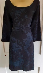 Phase Eight Blue Grey With Black Floral Pattern Knitted Dress Size 14 - Picture 1 of 16