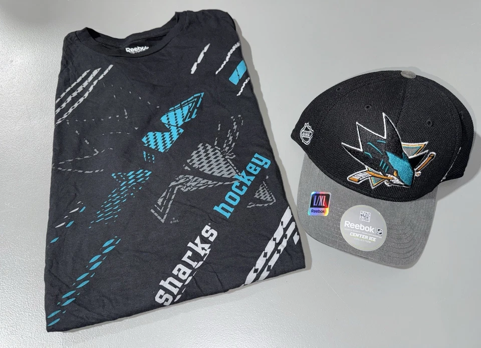 Lot of 2 Men’s San Jose Sharks Reebok NHL Black Shirt 2XL & Fitted Hat L/XL NWT - Image 1 of 1