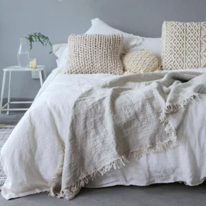 Luxury French Linen Tassel Blanket Super Soft Breathable 2 Layers Flat Sheet - Picture 1 of 22