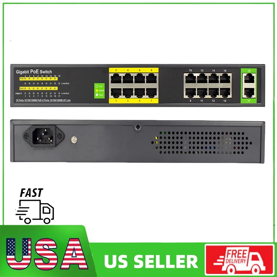 16 Port Gigabit Unmanaged PoE Switch +2 Uplink Network Switch 802.3af/at 300W - Image 1 of 4
