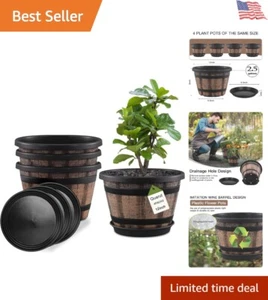 Set of 4 Rustic Whiskey Barrel Planters - 12 Inch Weather-Resistant Flower Pots - Picture 1 of 8