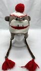 Sock Monkey Knitted Hat With Tassels - One Size Fits Most