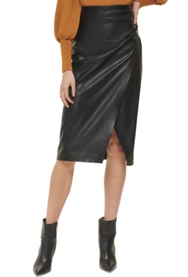 DKNY Women's Faux-Leather Ruched-Side Midi Skirt Size 6 3759 - Image 1 of 2