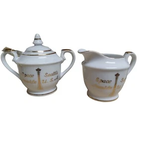 Vintage Seattle Space Needle Tourist weiß Milchkännchen Deckel Zuckerdose Set Goldrand - Bild 1 von 8