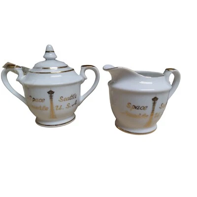 Juego de azucarero con tapa crema blanca turística aguja espacial Seattle de colección borde dorado Foto 1 de 4