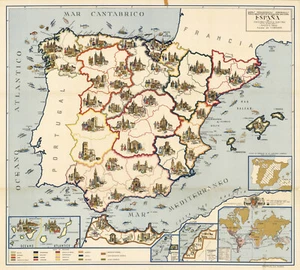 Mid-Century Educational Pictorial Map of Spain and Morocco Wall Art Poster Decor - Picture 1 of 3