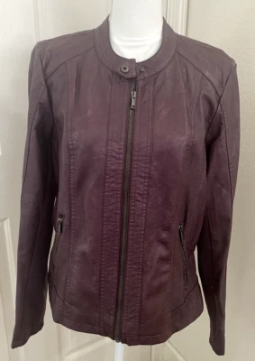 NEW Maurice's Burgundy/Dark Purple Moto Jacket Large Faux Leather Stretch Biker - Image 1 of 4