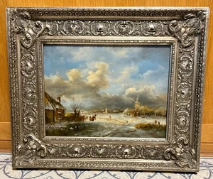 Antique Dutch Oil Painting on Panel - Landscape "Dutch view in winter" c1900/35 - Picture 1 of 9