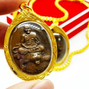 Buddhist Monk LP Pern Riding Tiger Thai Amulet Pendant Gold Micron Casing