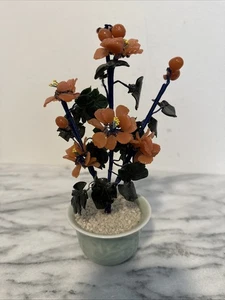 Vintage Chinese Jade Glass Bonsai Tree Asian Pink Flowers Ceramic Celadon Pot - Picture 1 of 12