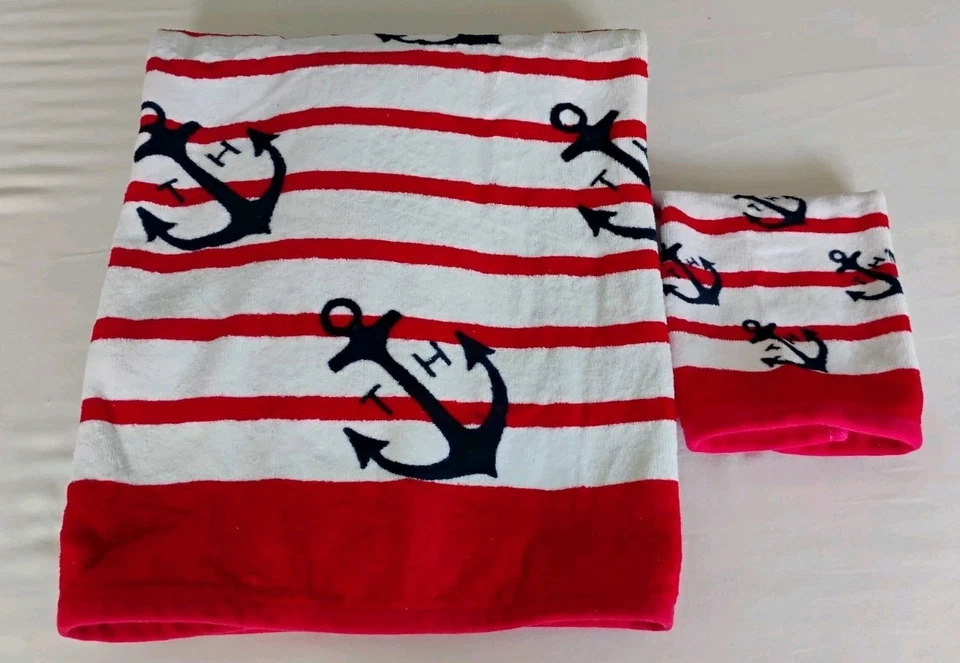 Tommy Hilfiger Bath Towel & Washcloth Set Red White & Blue Anchor Nautical EUC - Image 1 of 4