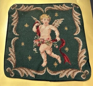 Imperial Elegance Angel (cherub) Needlepoint Pillow Cover 13”x 13” Green - Picture 1 of 17