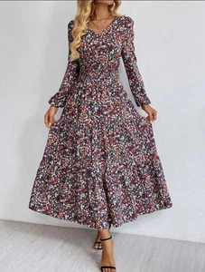 SHEIN Kleid Größe XL (12) Blumen Biesen gesmokte Taille Damen - Bild 1 von 4