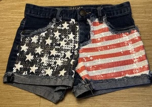 NWOT Justice patriotic American flag denim shorts Girls size 12 Bling Excellent - Picture 1 of 10