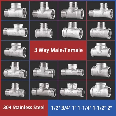 BSP 1/2" - 2" 3 Way Male/Female 304 Stainless Steel Water Gas Fuel Pipe Adapter - Image 1 of 4