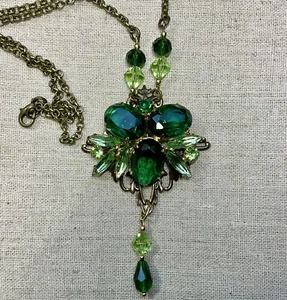 Vintage Inspired Necklace- Green Glass Gems, Glass Beads, 26” Chain, Bronze Tone - Picture 1 of 5