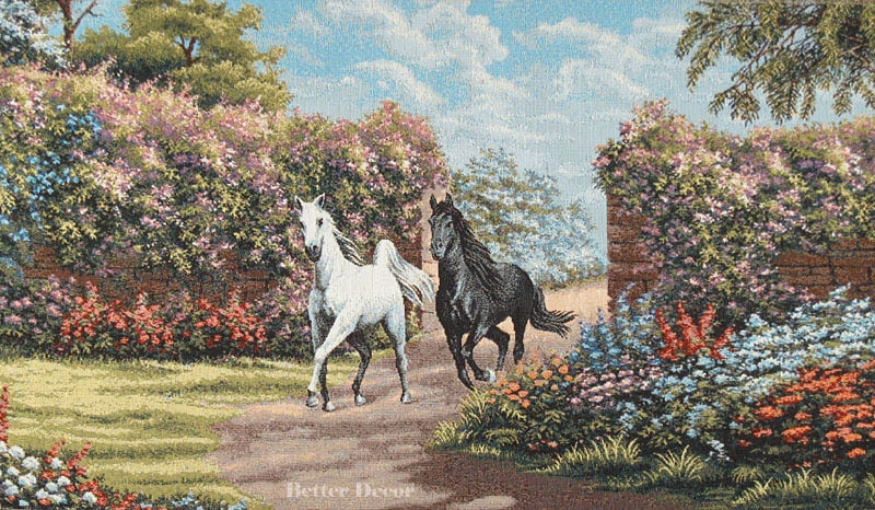 WALL JACQUARD WOVEN TAPESTRY Black & White Horses EURO ANIMAL LANDSCAPE PICTURE - Image 1 of 1