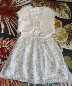 JUSTICE WHITE HOLIDAY Party DRESS W/ SOFT CARDIGAN FUR SIZE 10 GIRL GOLD SEQUINS - Picture 1 of 6