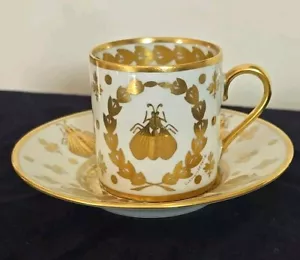 Napoleonic Limoges Cup & Saucer Demitasse Set, Heavy Gold Bee & Laurel, Signed - Picture 1 of 9