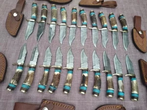 LOT OF 30 DAMASCUS STEEL BLADE 6" INCHES STAGHORN/RESIN HANDLE KNIVES W/SHEATH - Picture 1 of 3
