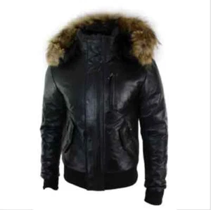 Herren echte Lammfell Lederjacke abnehmbare Pelzhaube schwarz Bomber Winterjacke - Bild 1 von 6
