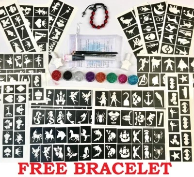 THE UNIQUE LITTLE GIFT SHOP GLITTER TATTOO KIT 216 superhero princess boy girl unicorn mermaid FREE EARRINGS