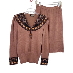 Vintage Elizabeth New York knit beaded sweater skirt set size M-L creamy brown - Picture 1 of 13