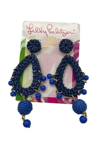 Lilly Pulitzer Alba Blue Raffia Drop Dangle Earrings Bead Accents Baubles NEW - Picture 1 of 4