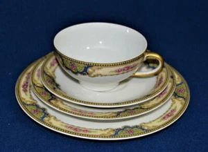 Atq ELITE LIMOGES France Pink FLOWERS by Cream Blue Border Pattern 4 PC Tea Set - Picture 1 of 5