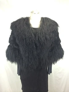 PRETTY-BLACK-SPANISH-MUTTON-FUR-LADY-CAPE-TRIM-W-LONG-CASHMERE-WOOL-FREE-SHIPG - Picture 1 of 9